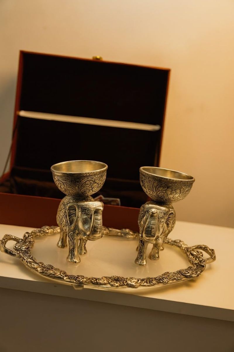 Engraved Elephant Bowl & Glass Tray Set