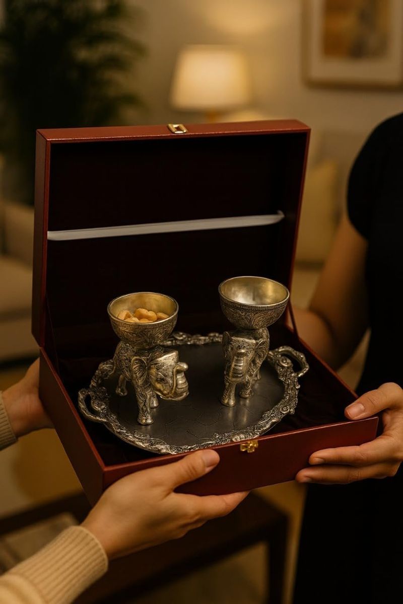 Engraved Elephant Bowl & Glass Tray Set