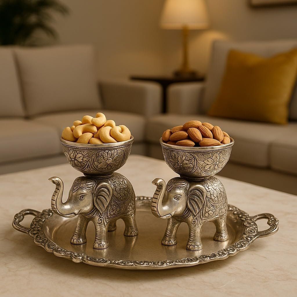 Engraved Elephant Bowl & Glass Tray Set