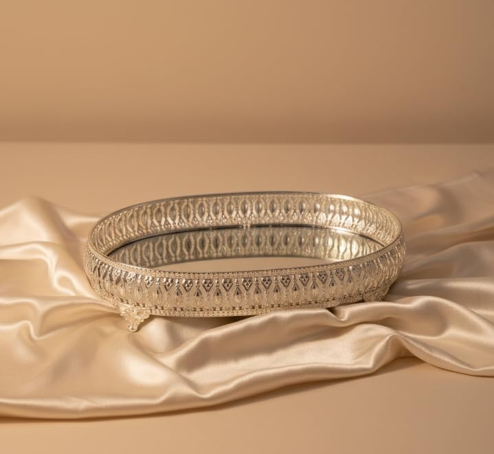 Ornate Mirrored Oval Tray — Antique Silver