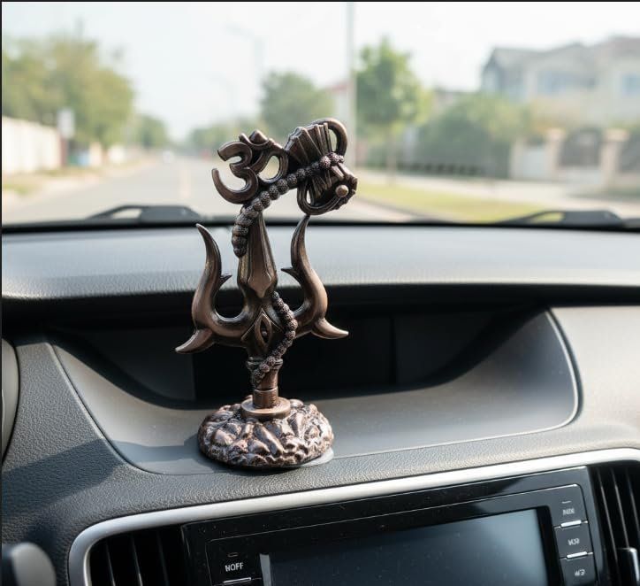 Shiva Trishul, Damru & Om Dashboard Idol — Bronze Finish