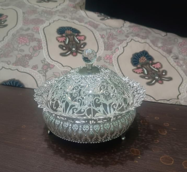 Lidded Decorative Fruit Basket — Silver Plated