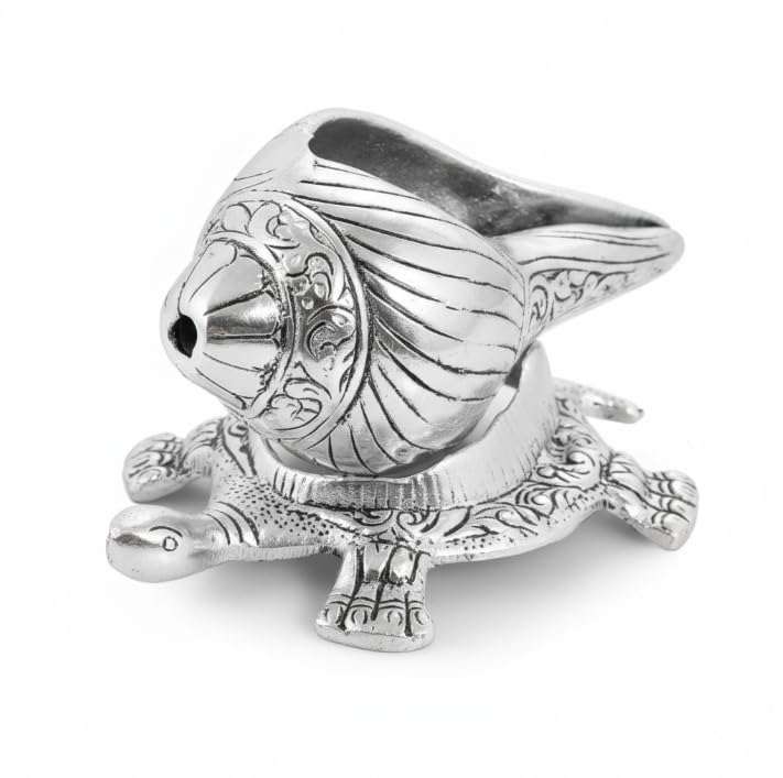 Brass Tortoise with Shankh — Silver Polish, 15.2 cm