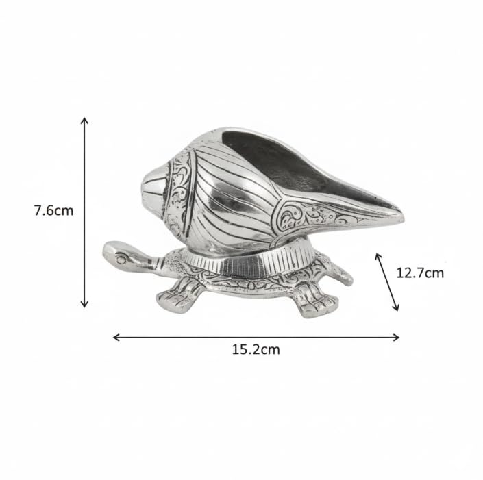 Brass Tortoise with Shankh — Silver Polish, 15.2 cm