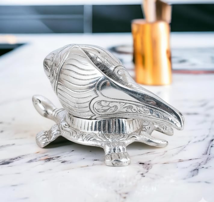 Brass Tortoise with Shankh — Silver Polish, 15.2 cm
