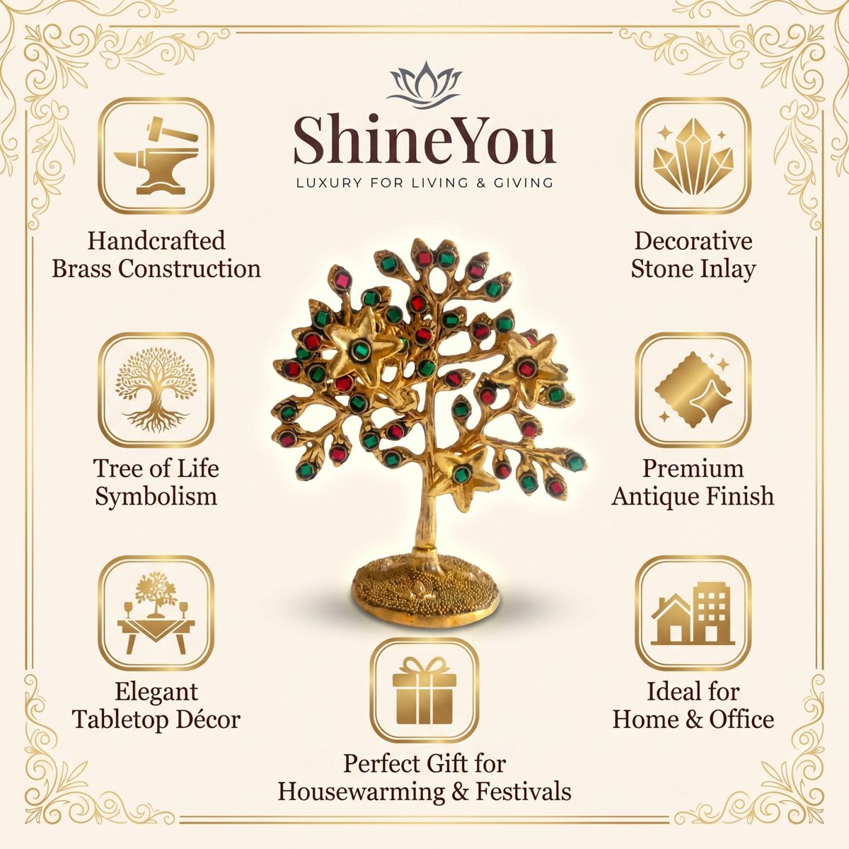 Brass Tree of Life with Stone Inlay