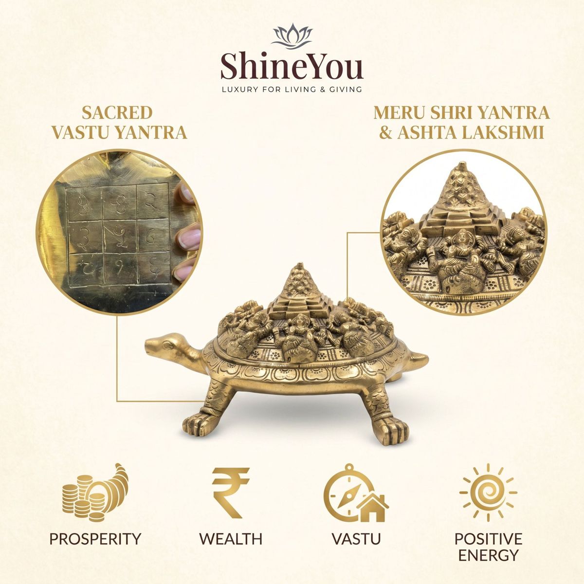 Brass Tortoise with Meru Shri Yantra & Ashta Lakshmi
