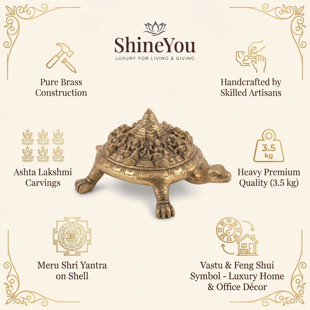 Brass Tortoise with Meru Shri Yantra & Ashta Lakshmi