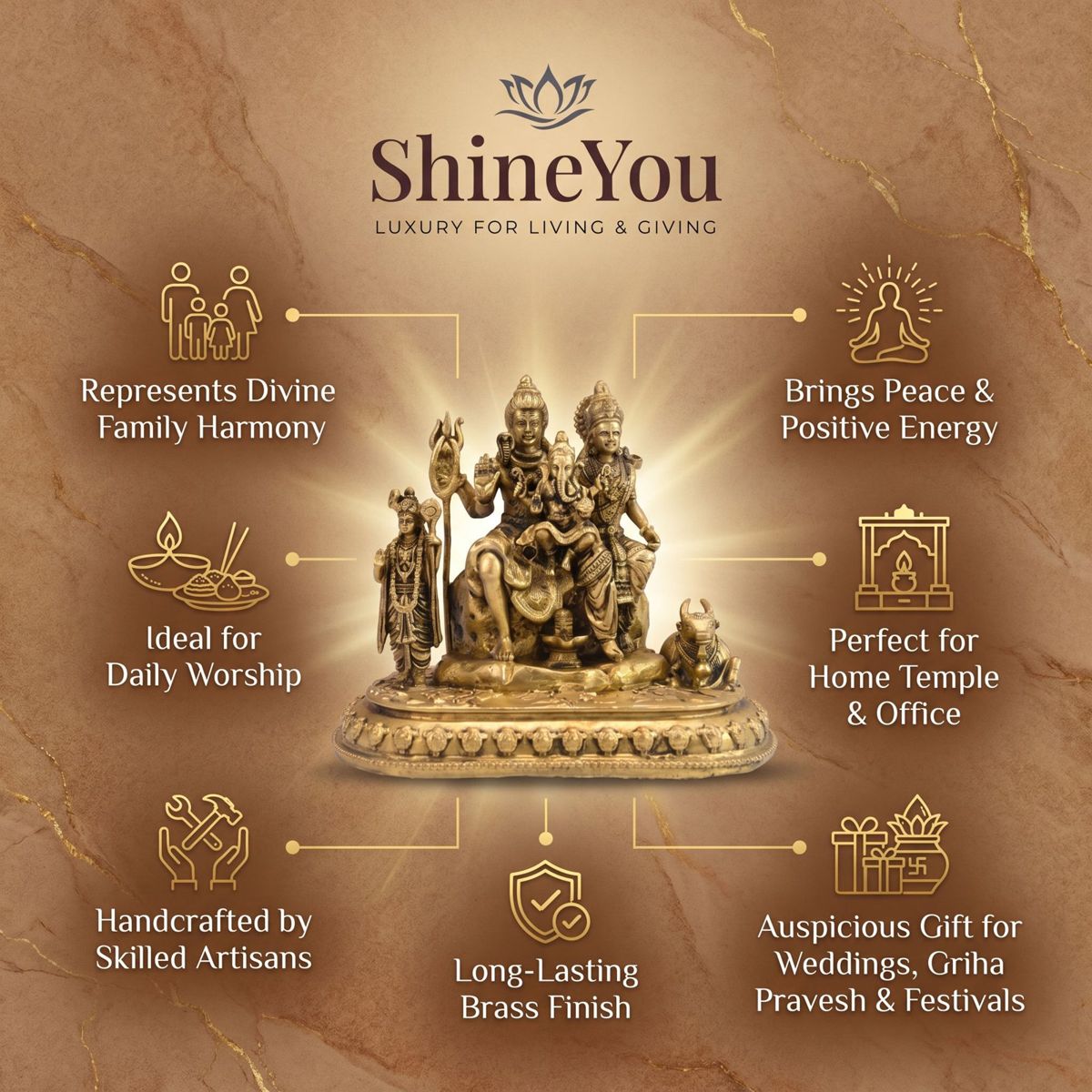 Brass Shiv Parvati with Ganesha, Kartikeya & Nandi