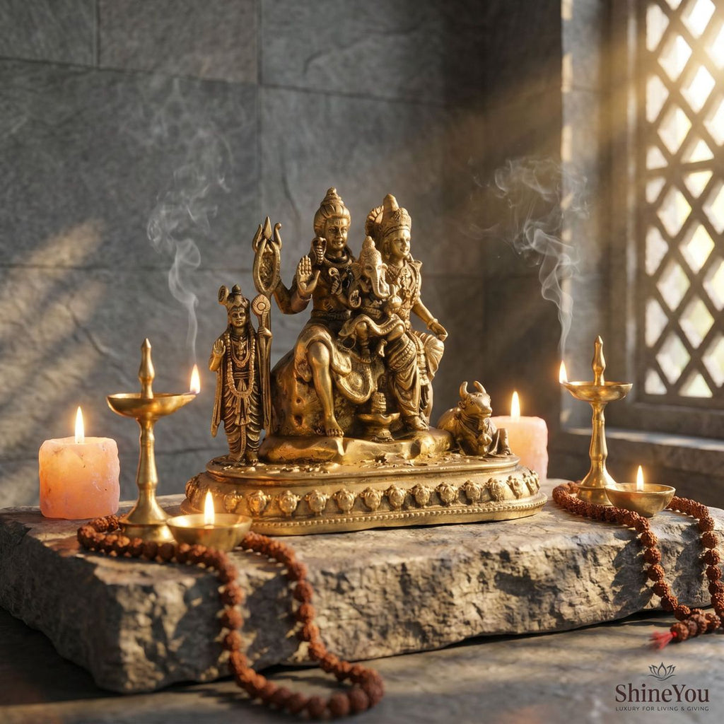 Brass Shiv Parvati with Ganesha, Kartikeya & Nandi