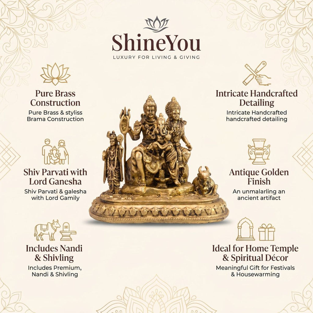 Brass Shiv Parvati with Ganesha, Kartikeya & Nandi