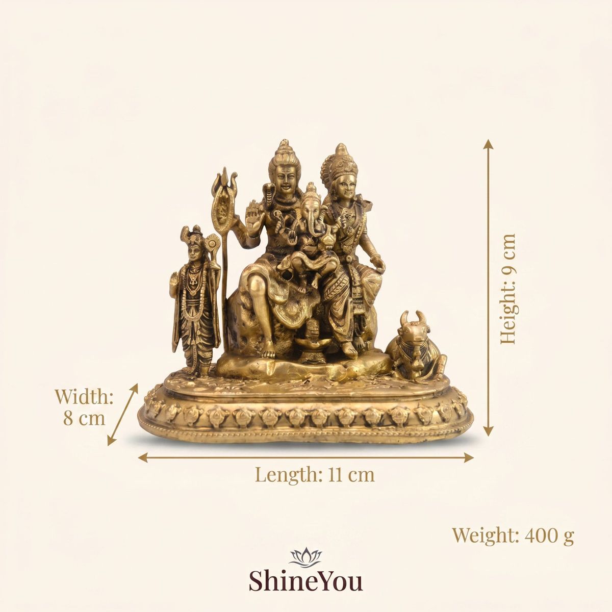 Brass Shiv Parvati with Ganesha, Kartikeya & Nandi
