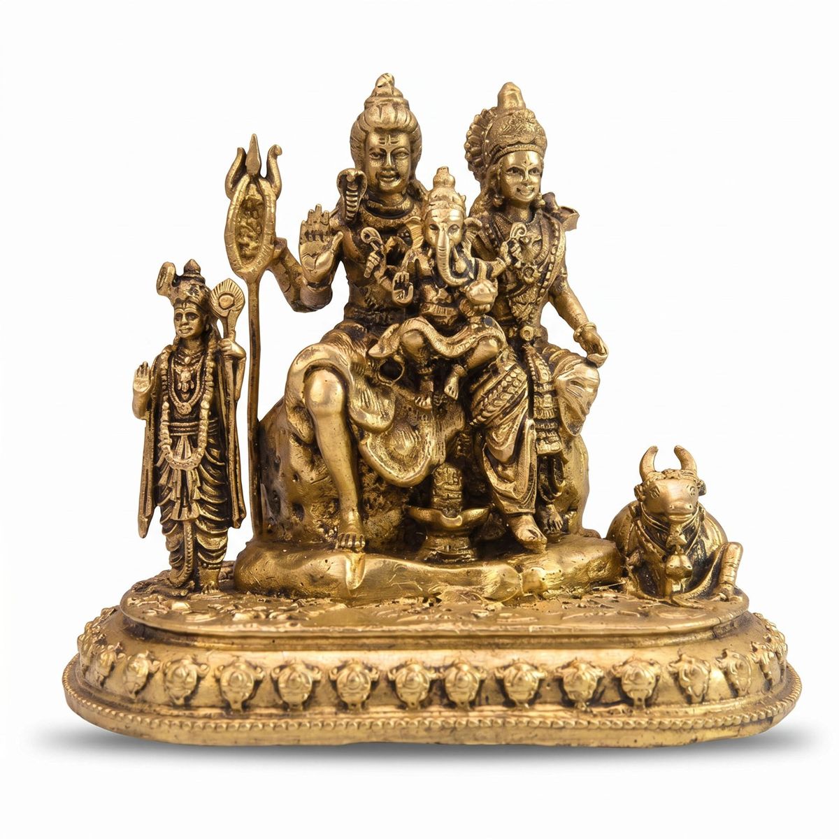 Brass Shiv Parvati with Ganesha, Kartikeya & Nandi