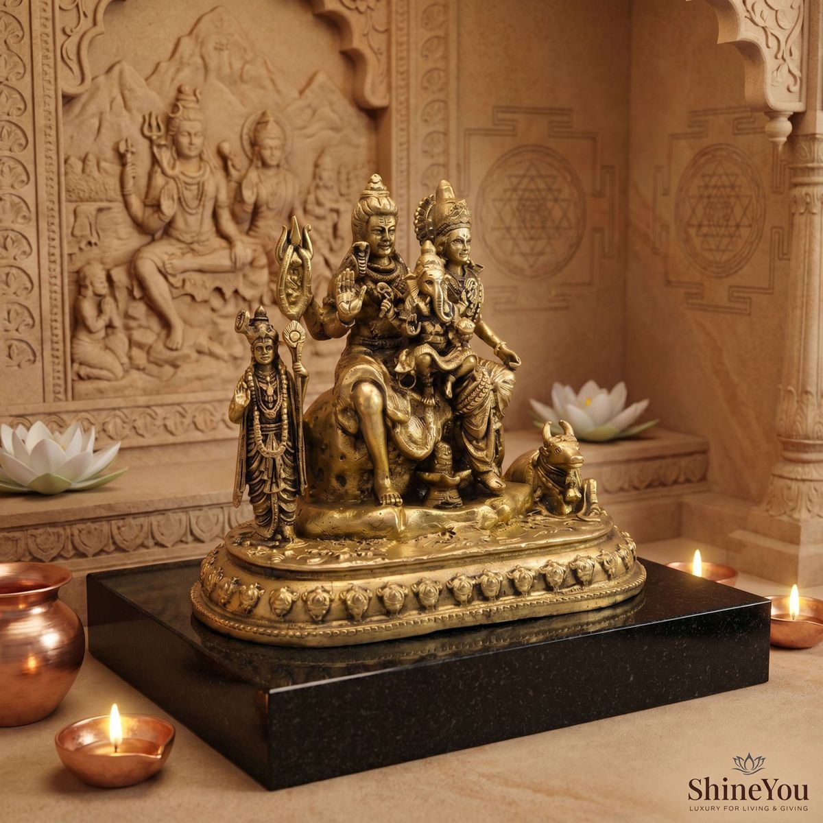 Brass Shiv Parvati with Ganesha, Kartikeya & Nandi