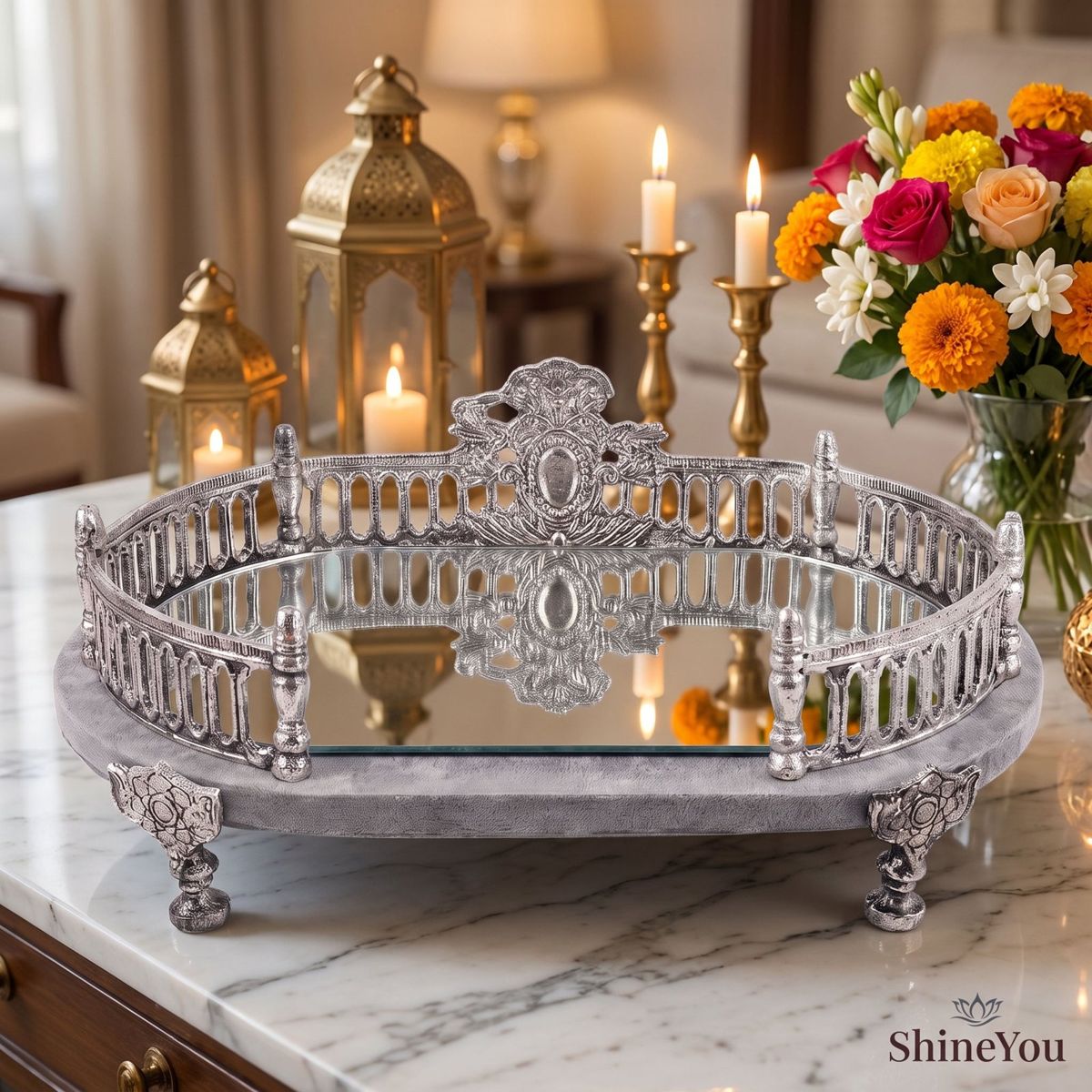 Silver Decorative Mirror Tray