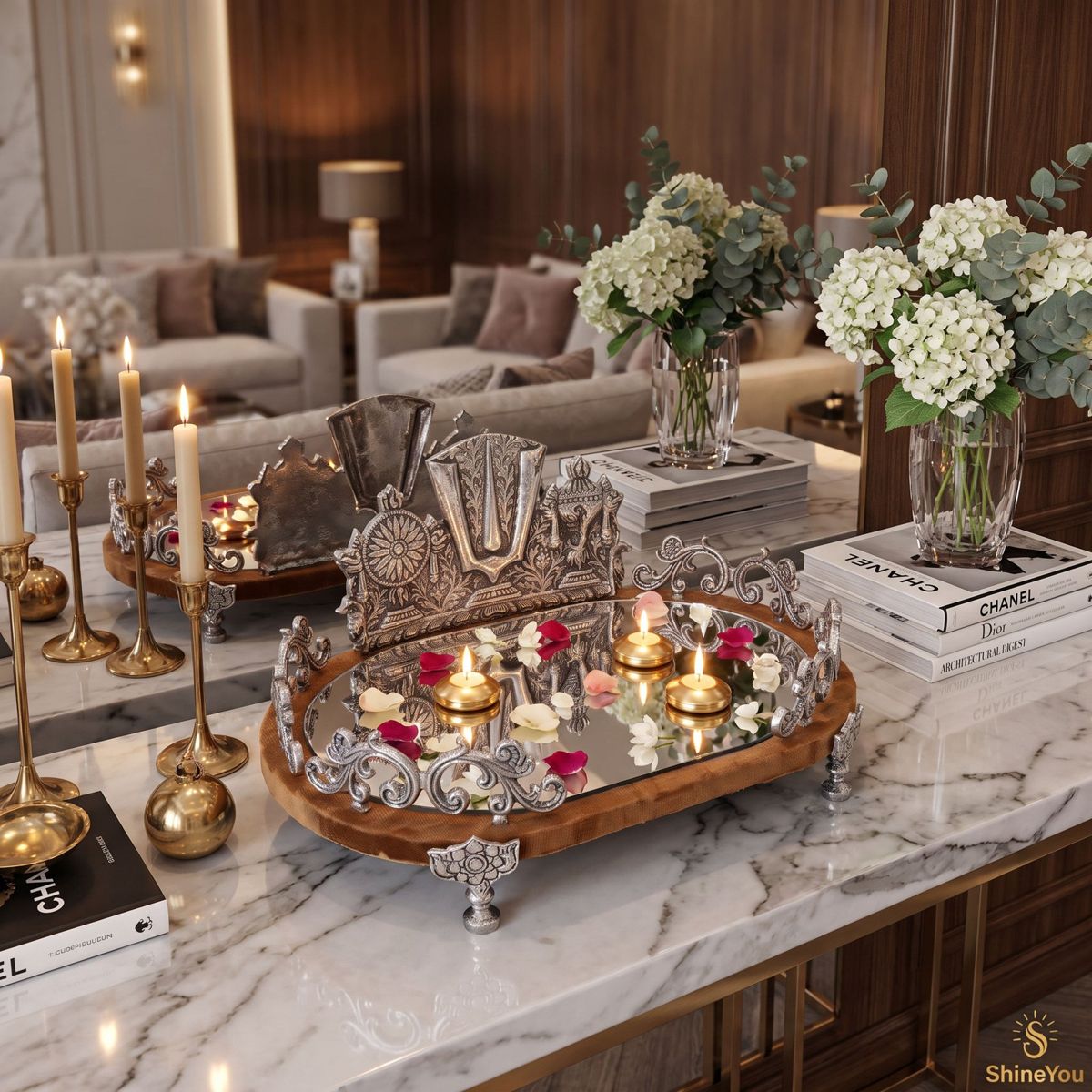 Balaji Mirror Tray with Wooden Base