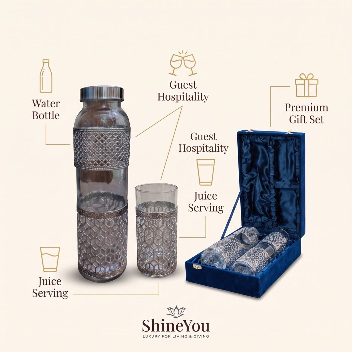 Glass Water Bottle & Two Glasses Gift Set