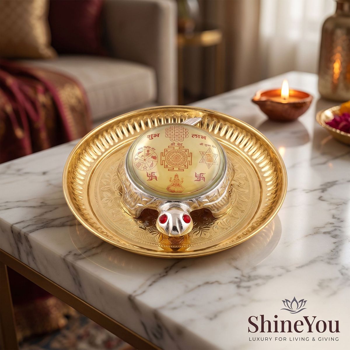Shri Yantra Tortoise with Decorative Plate — III