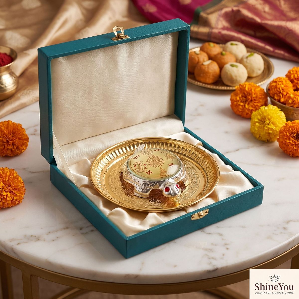 Shri Yantra Tortoise with Decorative Plate — III