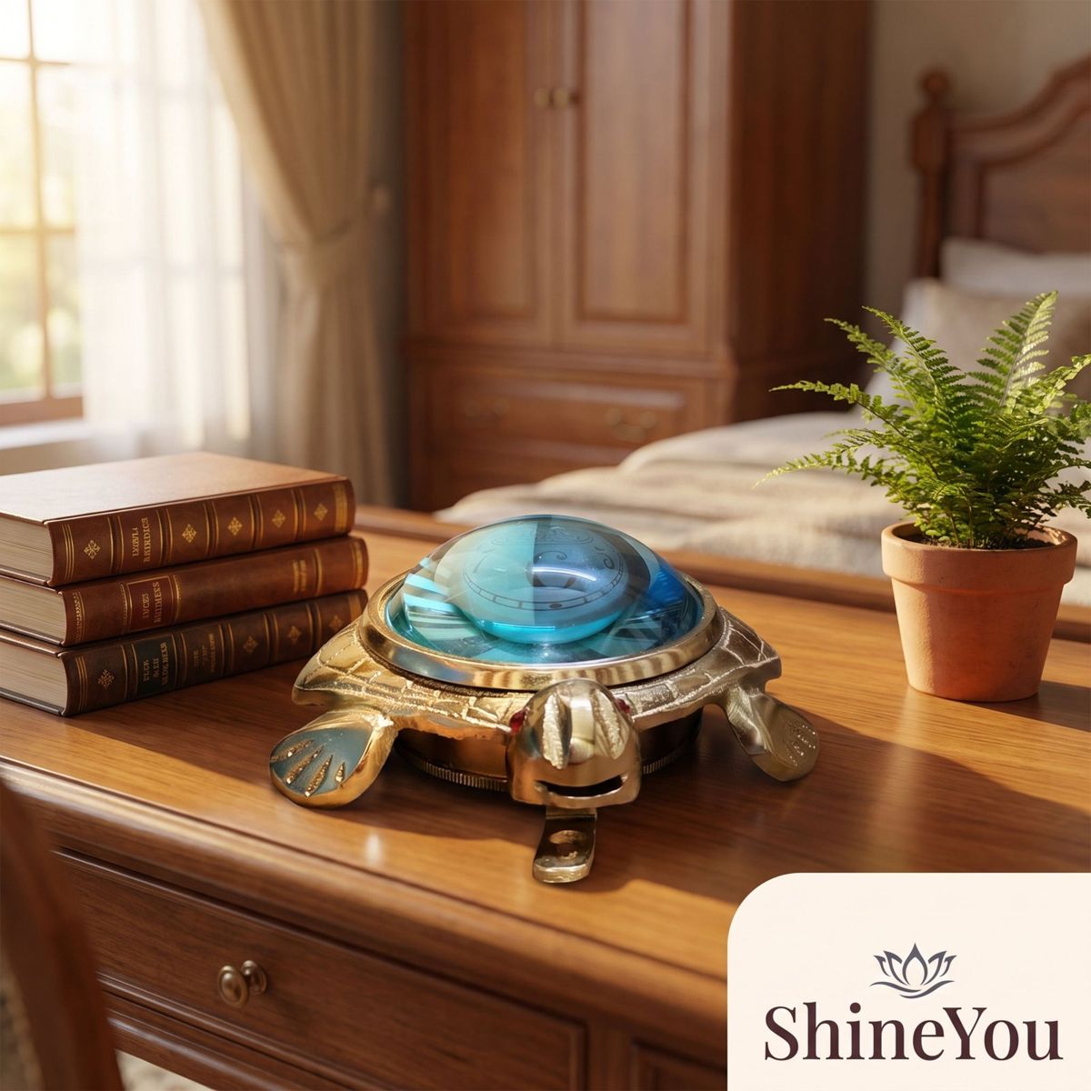 Brass Turtle Table Clock with Blue Glass Dome