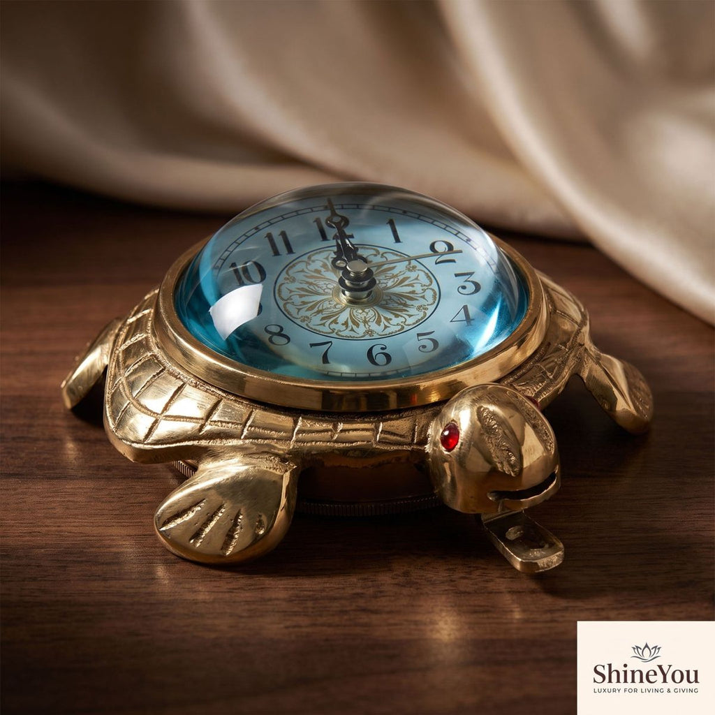 Brass Turtle Table Clock with Blue Glass Dome