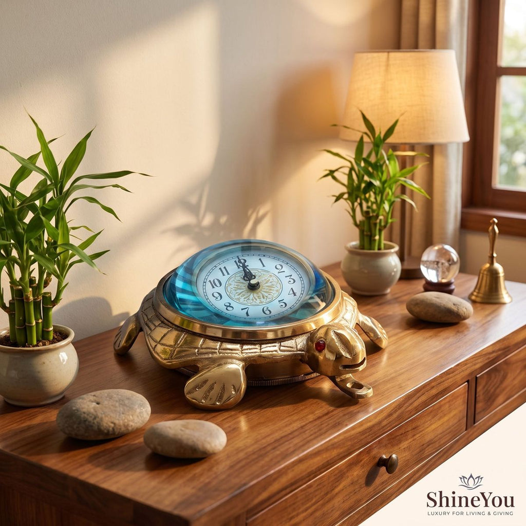 Brass Turtle Table Clock with Blue Glass Dome