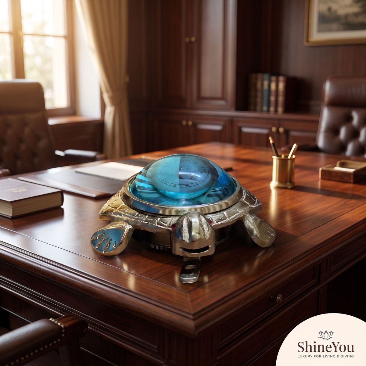 Brass Turtle Table Clock with Blue Glass Dome