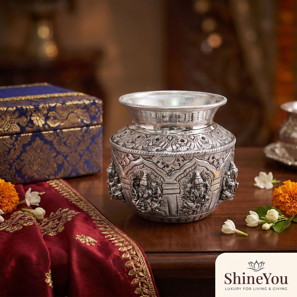 Brass Ashta Lakshmi Kalash — Silver Finish
