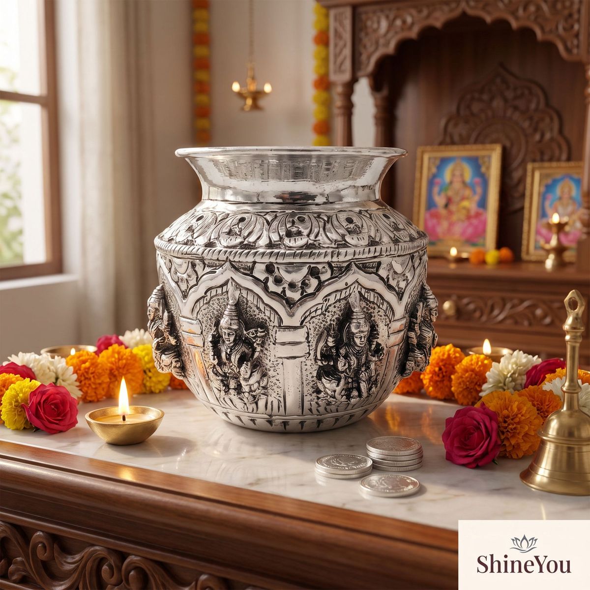 Brass Ashta Lakshmi Kalash — Silver Finish