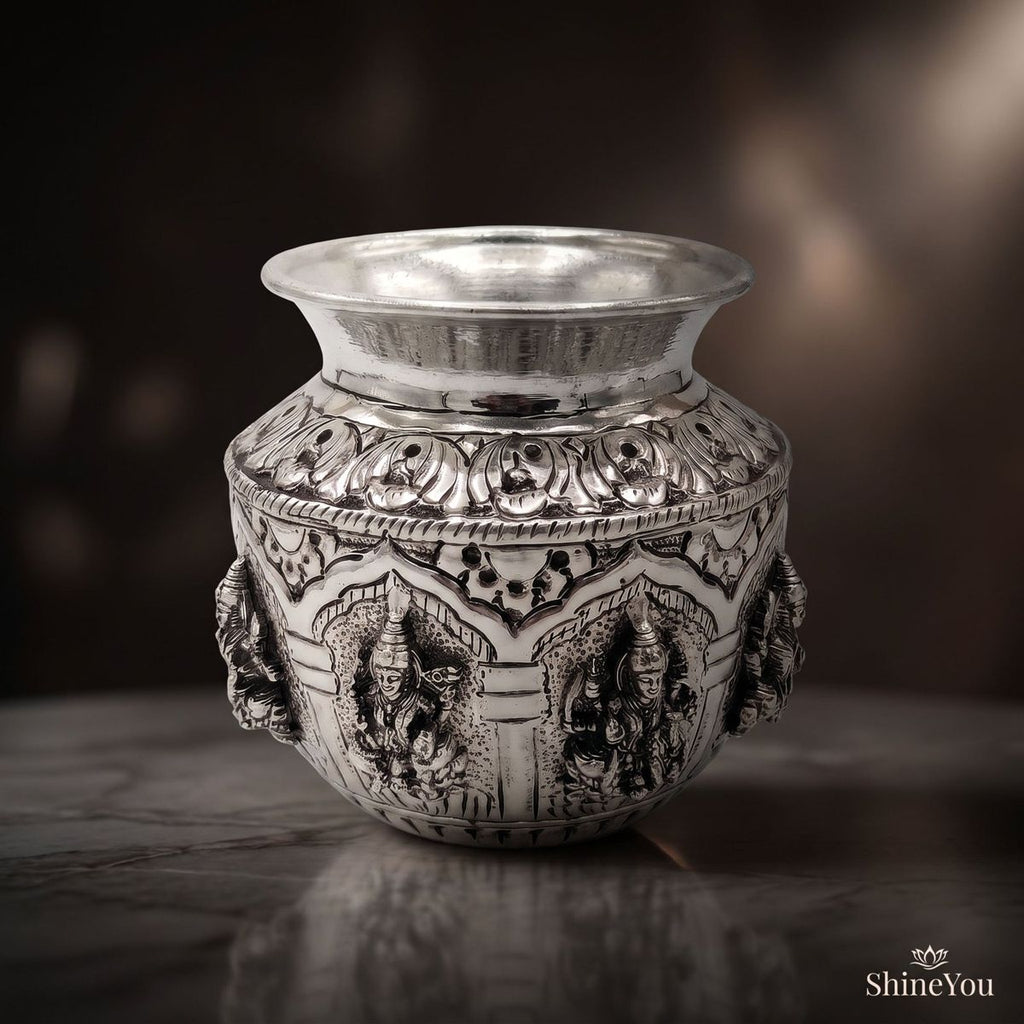 Brass Ashta Lakshmi Kalash — Silver Finish