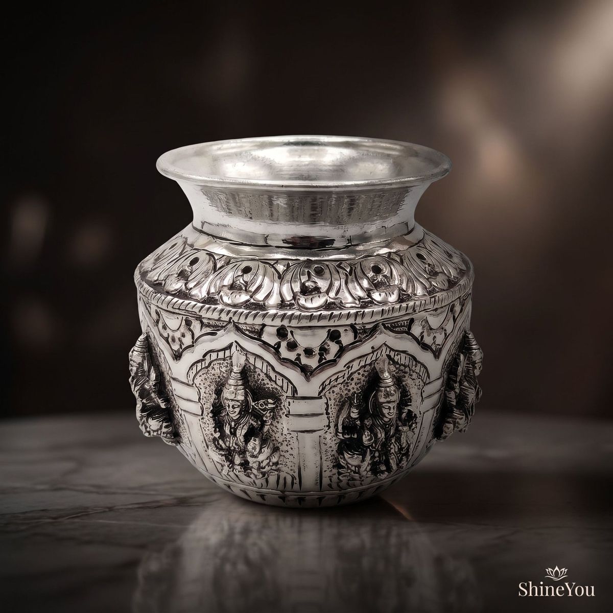 Brass Ashta Lakshmi Kalash — Silver Finish