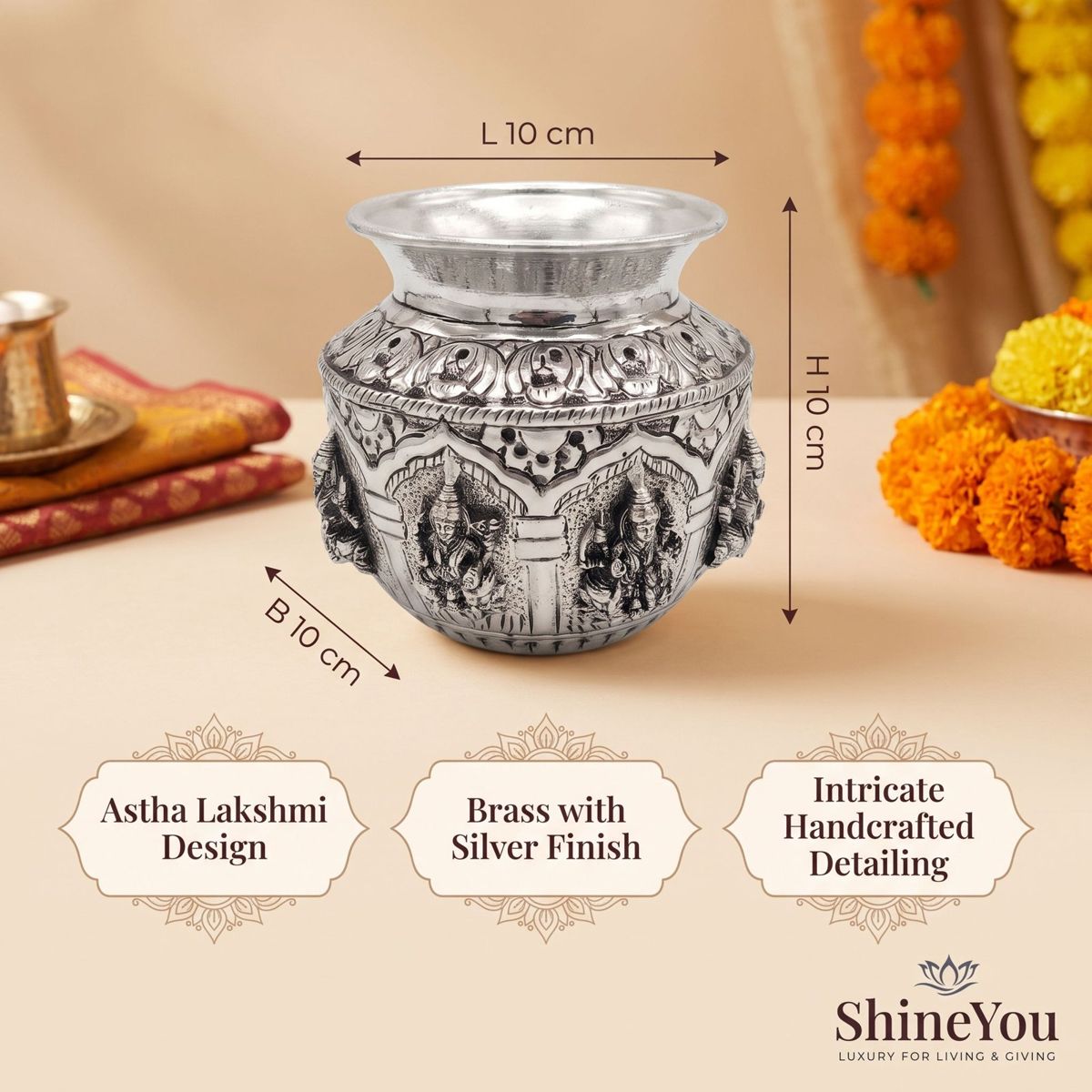 Brass Ashta Lakshmi Kalash — Silver Finish