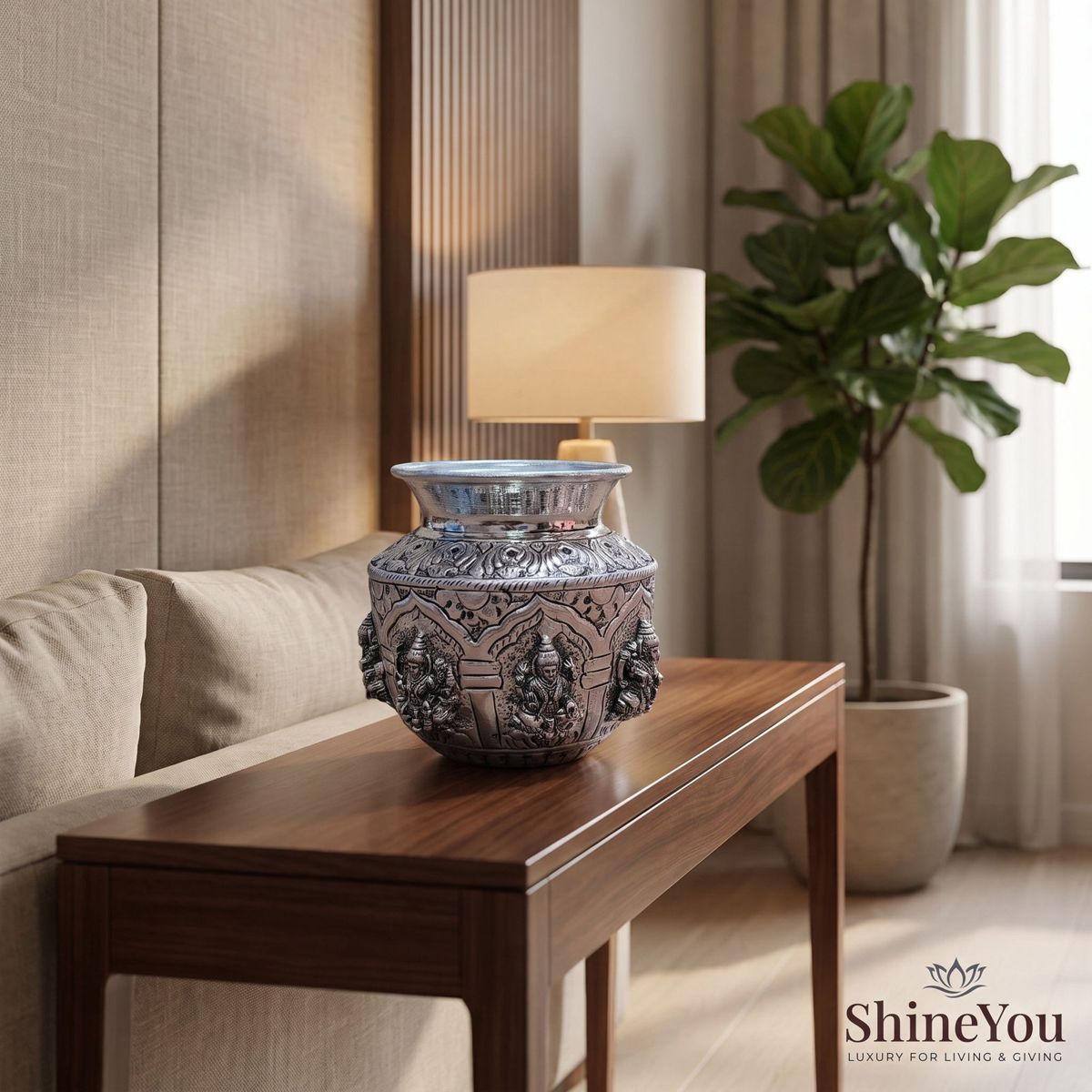 Brass Ashta Lakshmi Kalash — Silver Finish