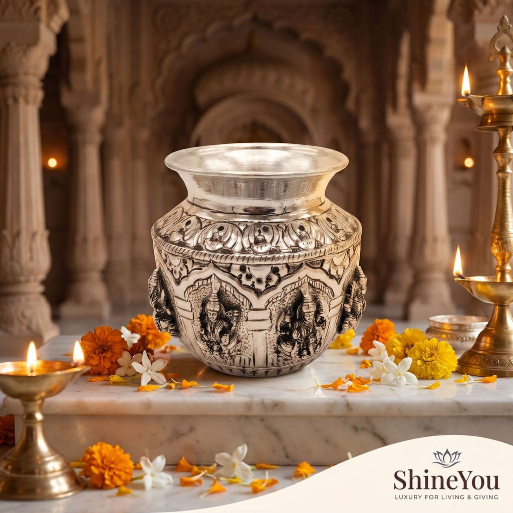 Brass Ashta Lakshmi Kalash — Silver Finish