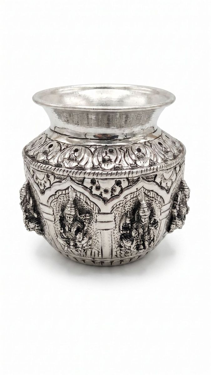 Brass Ashta Lakshmi Kalash — Silver Finish