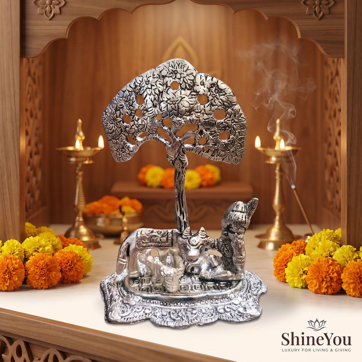 Krishna & Kamdhenu Tree of Life — Silver Finish