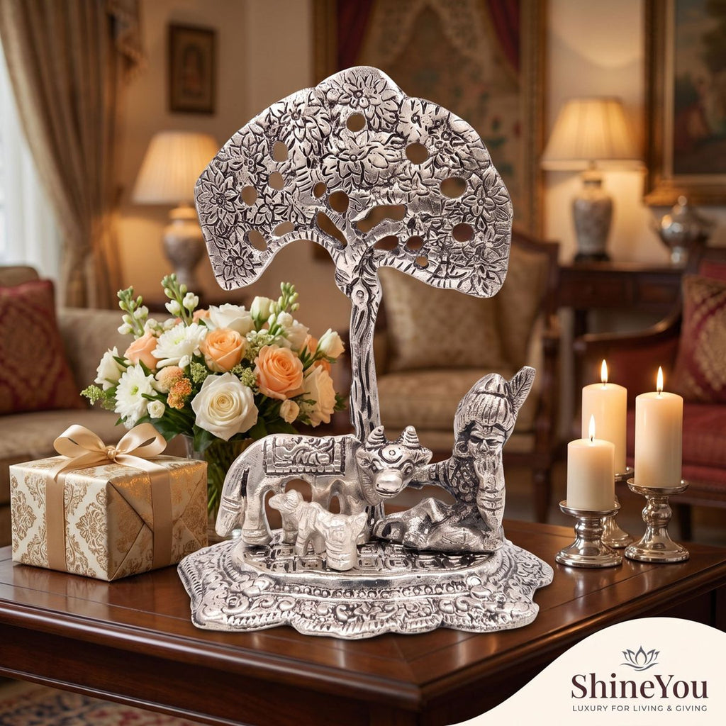 Krishna & Kamdhenu Tree of Life — Silver Finish