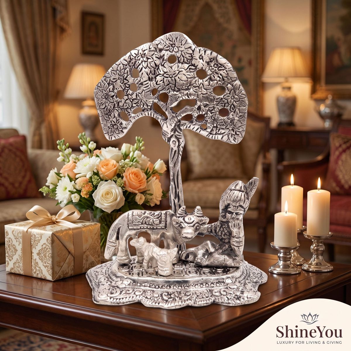 Krishna & Kamdhenu Tree of Life — Silver Finish