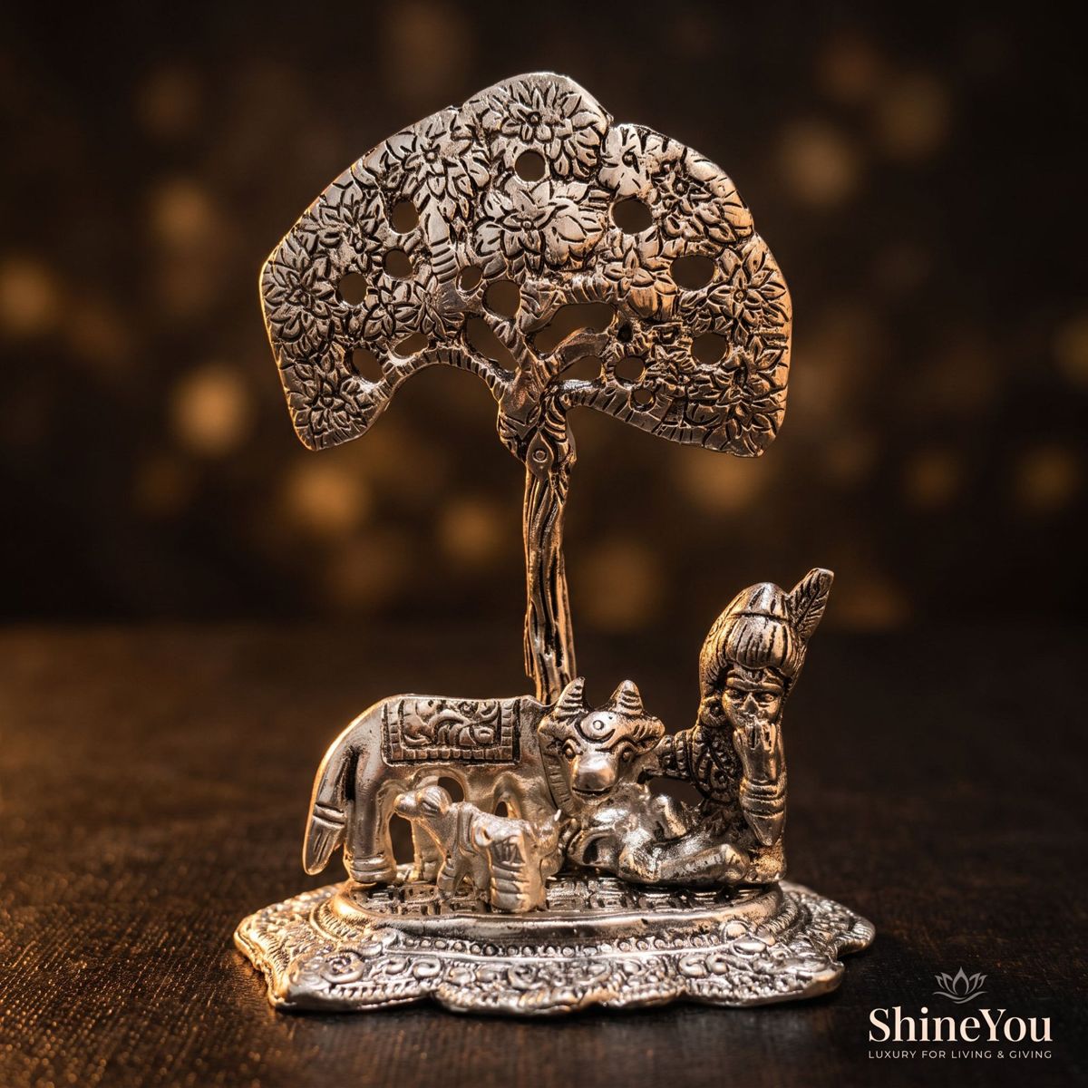 Krishna & Kamdhenu Tree of Life — Silver Finish