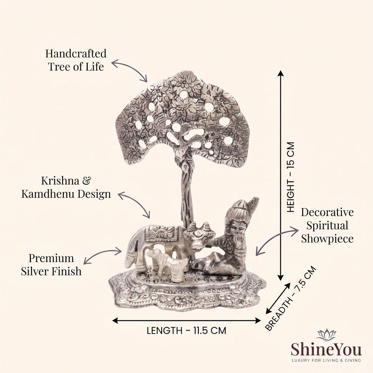 Krishna & Kamdhenu Tree of Life — Silver Finish