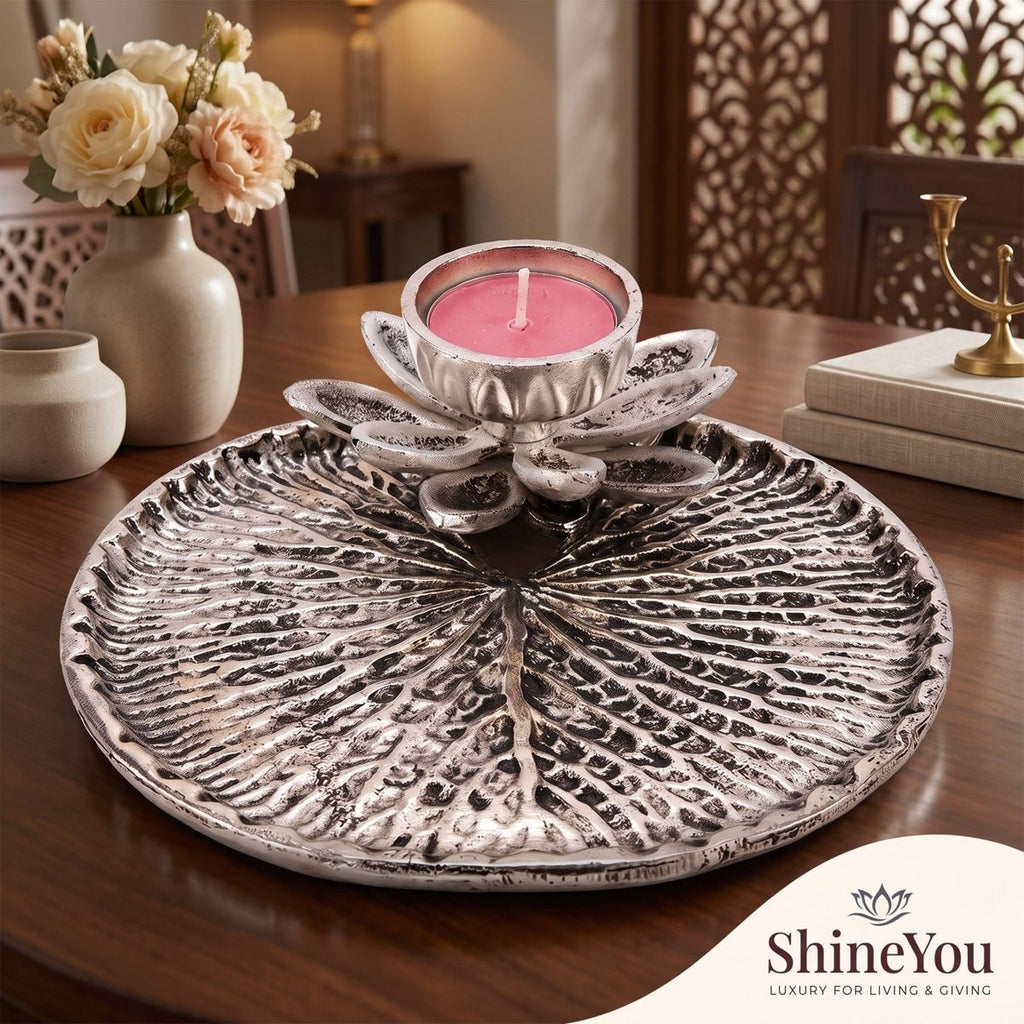 Lotus Diya & Pooja Tray — Silver Finish