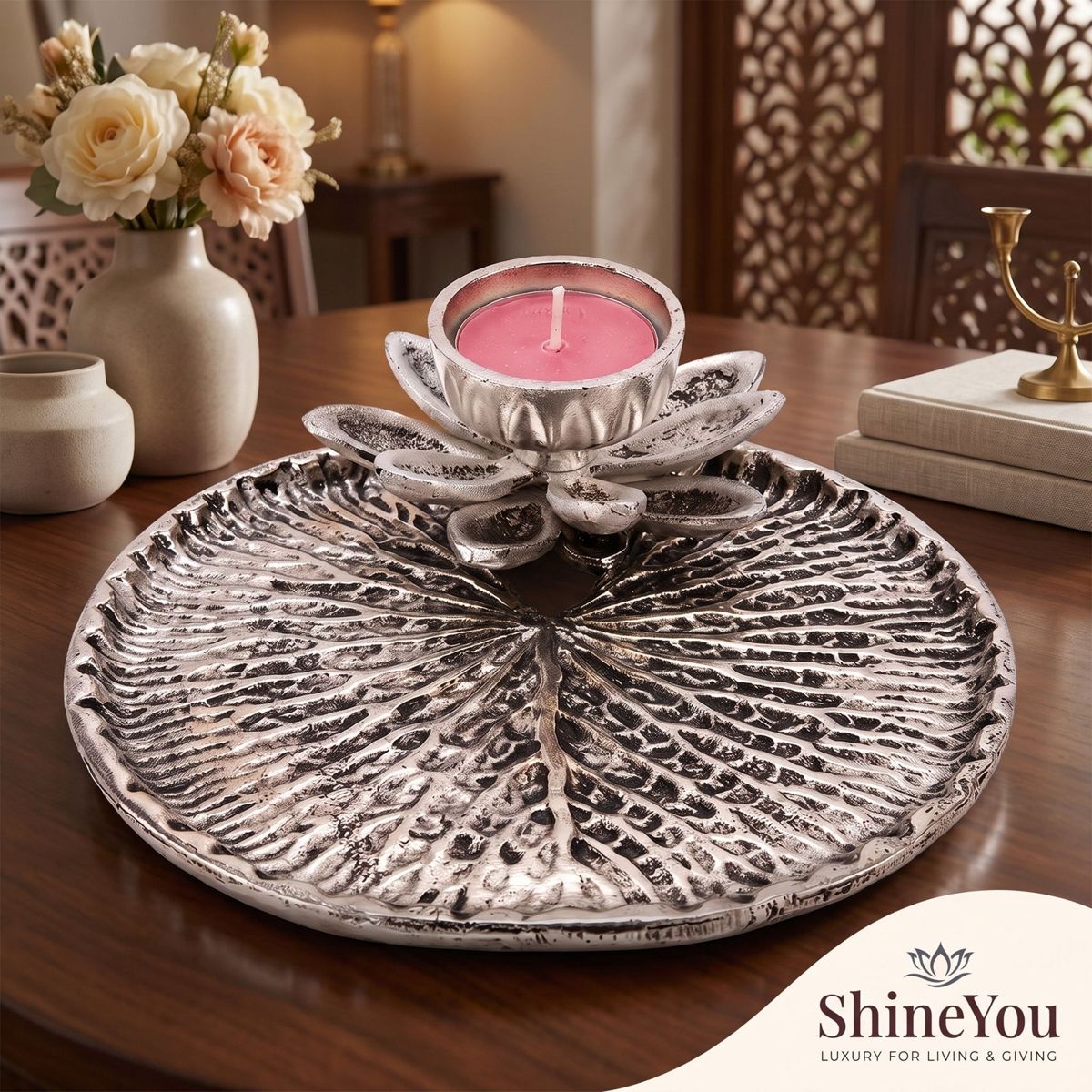 Lotus Diya & Pooja Tray — Silver Finish
