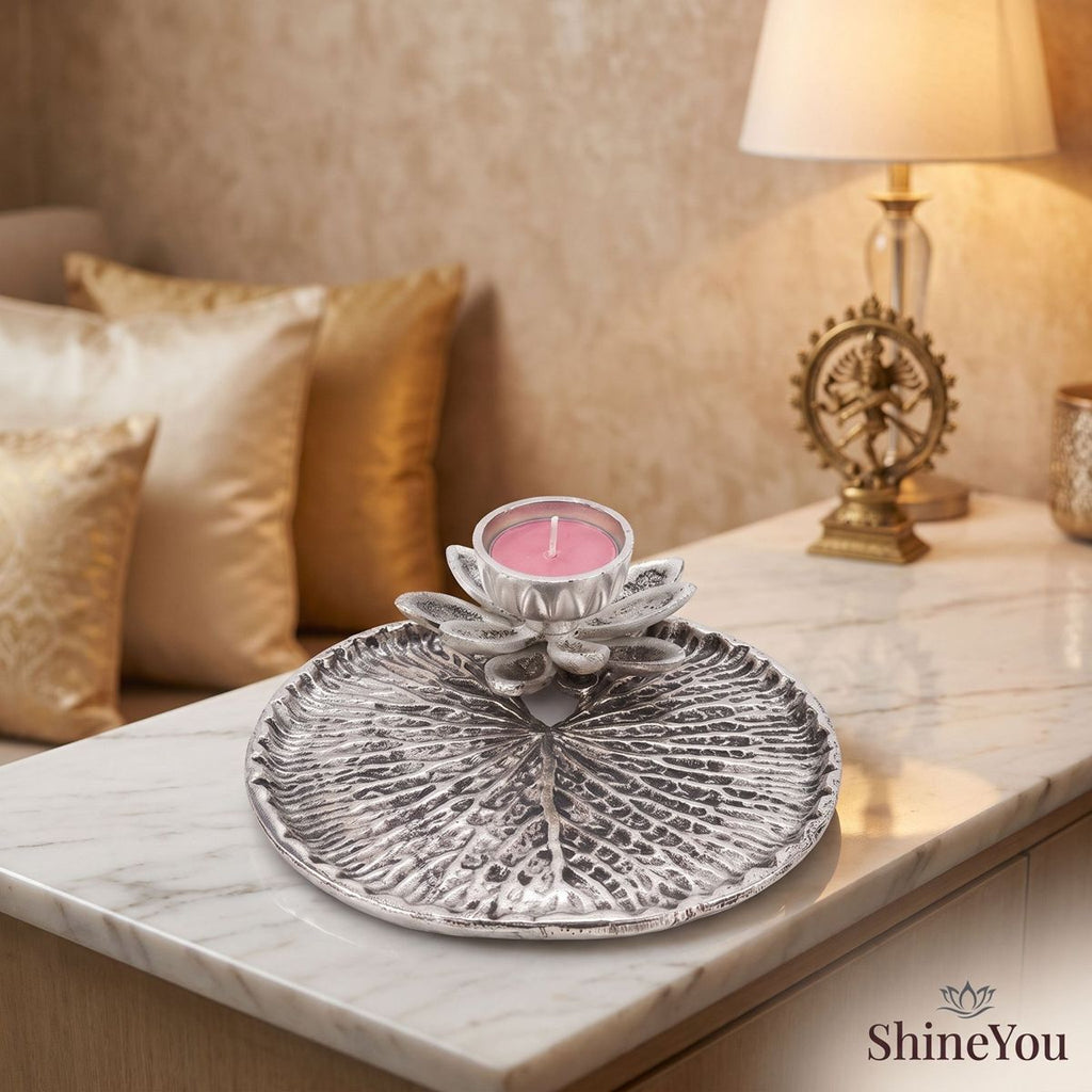 Lotus Diya & Pooja Tray — Silver Finish