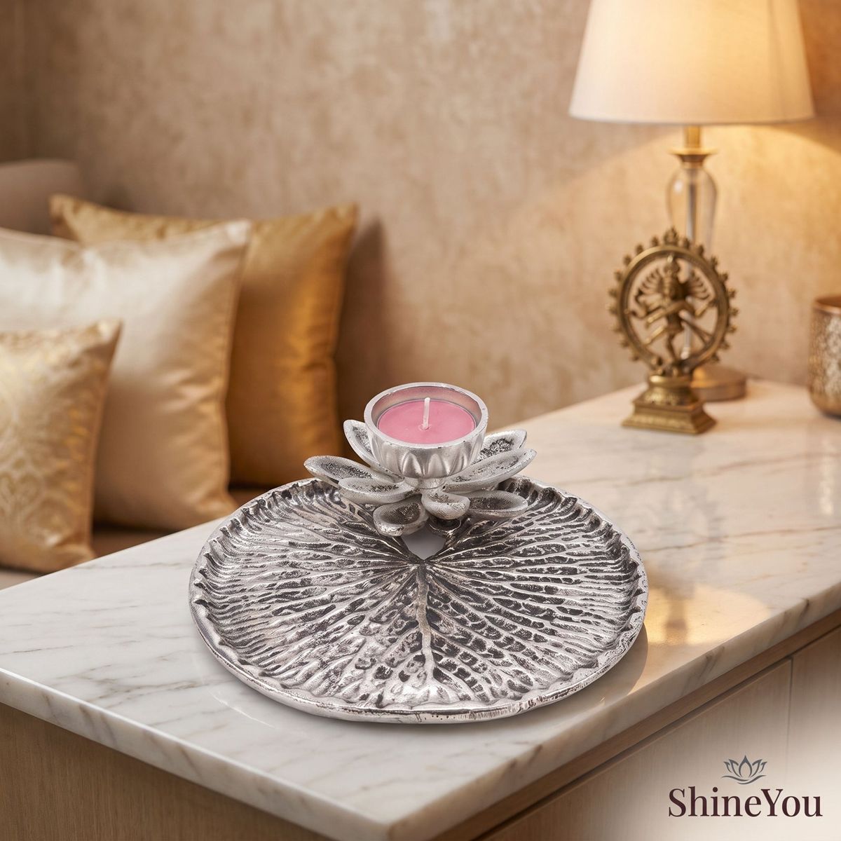 Lotus Diya & Pooja Tray — Silver Finish