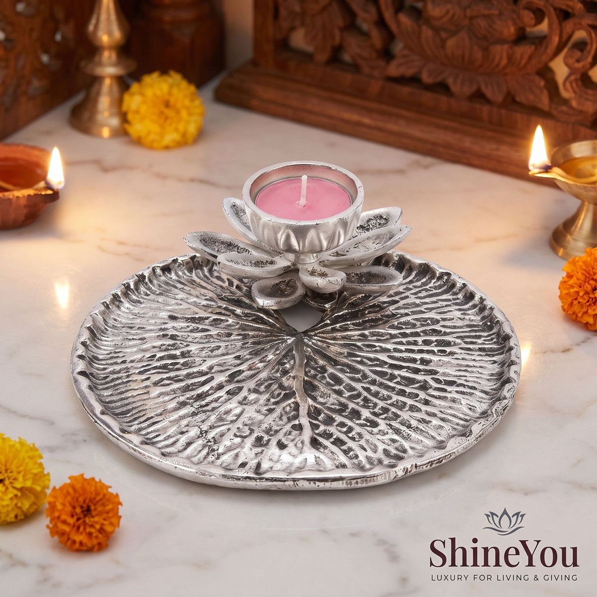 Lotus Diya & Pooja Tray — Silver Finish