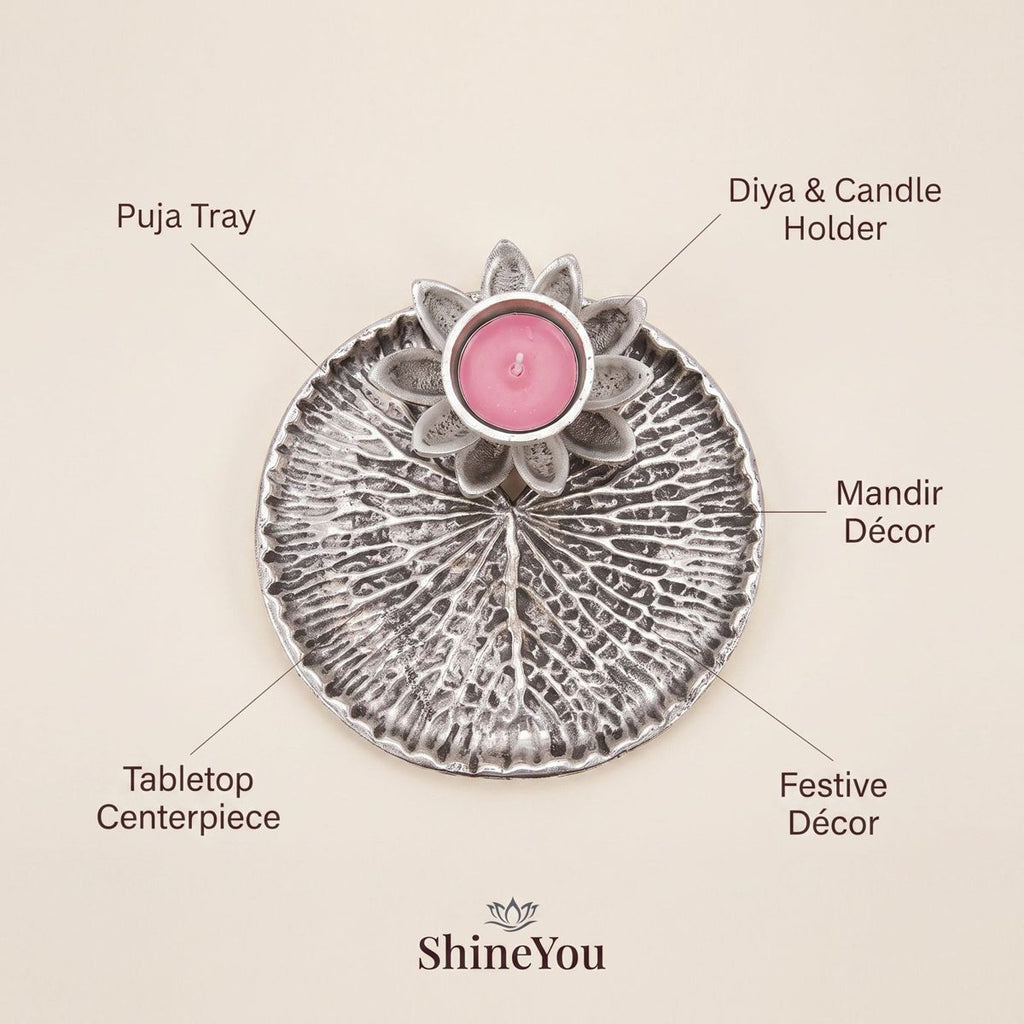 Lotus Diya & Pooja Tray — Silver Finish