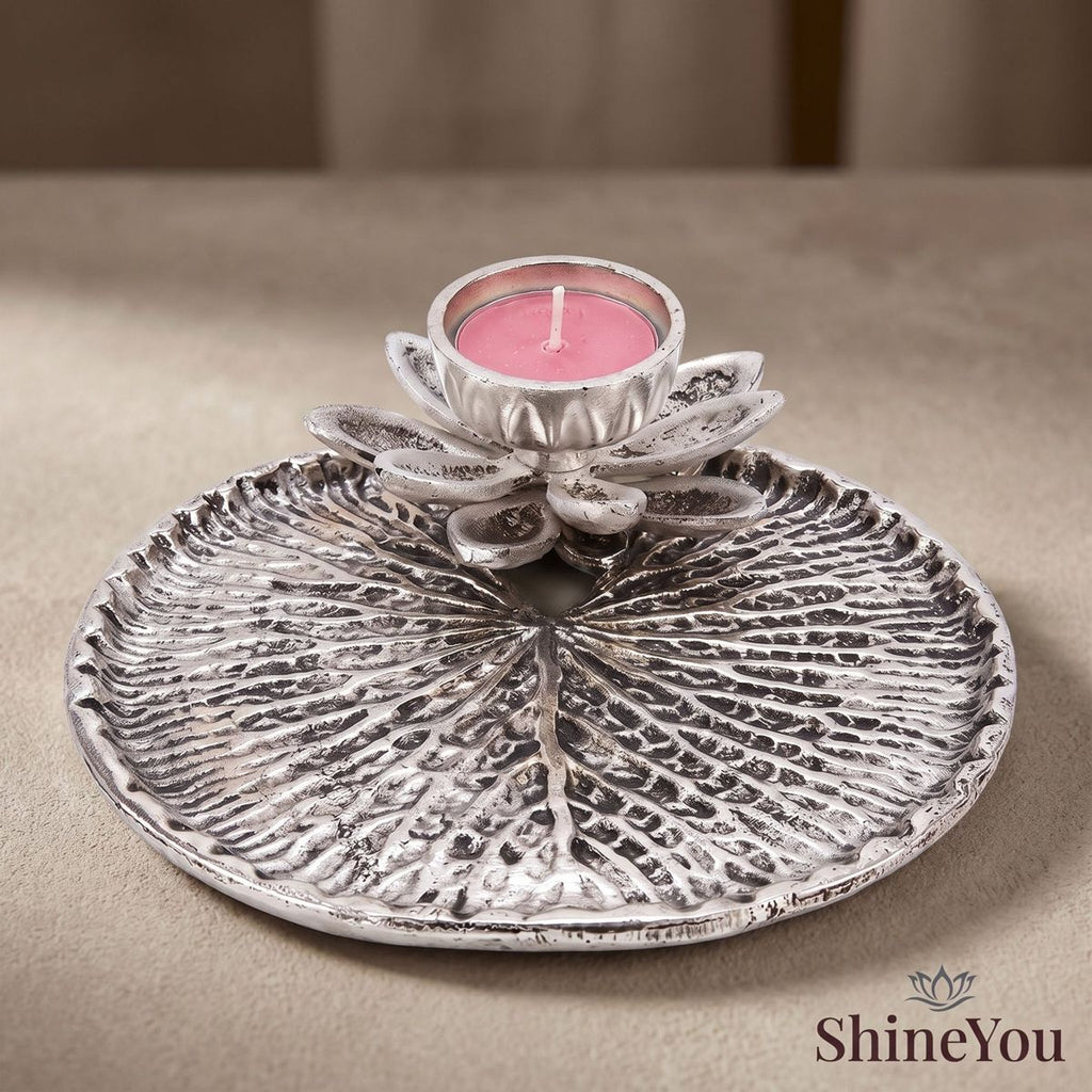 Lotus Diya & Pooja Tray — Silver Finish