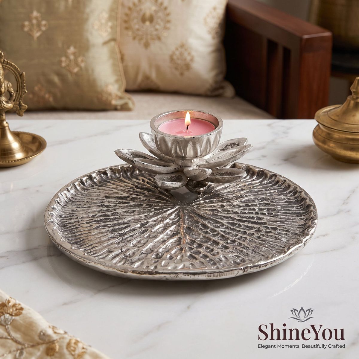 Lotus Diya & Pooja Tray — Silver Finish