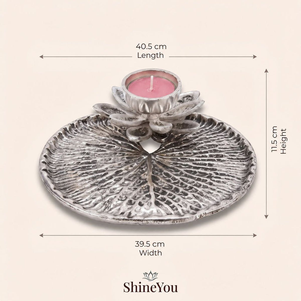 Lotus Diya & Pooja Tray — Silver Finish