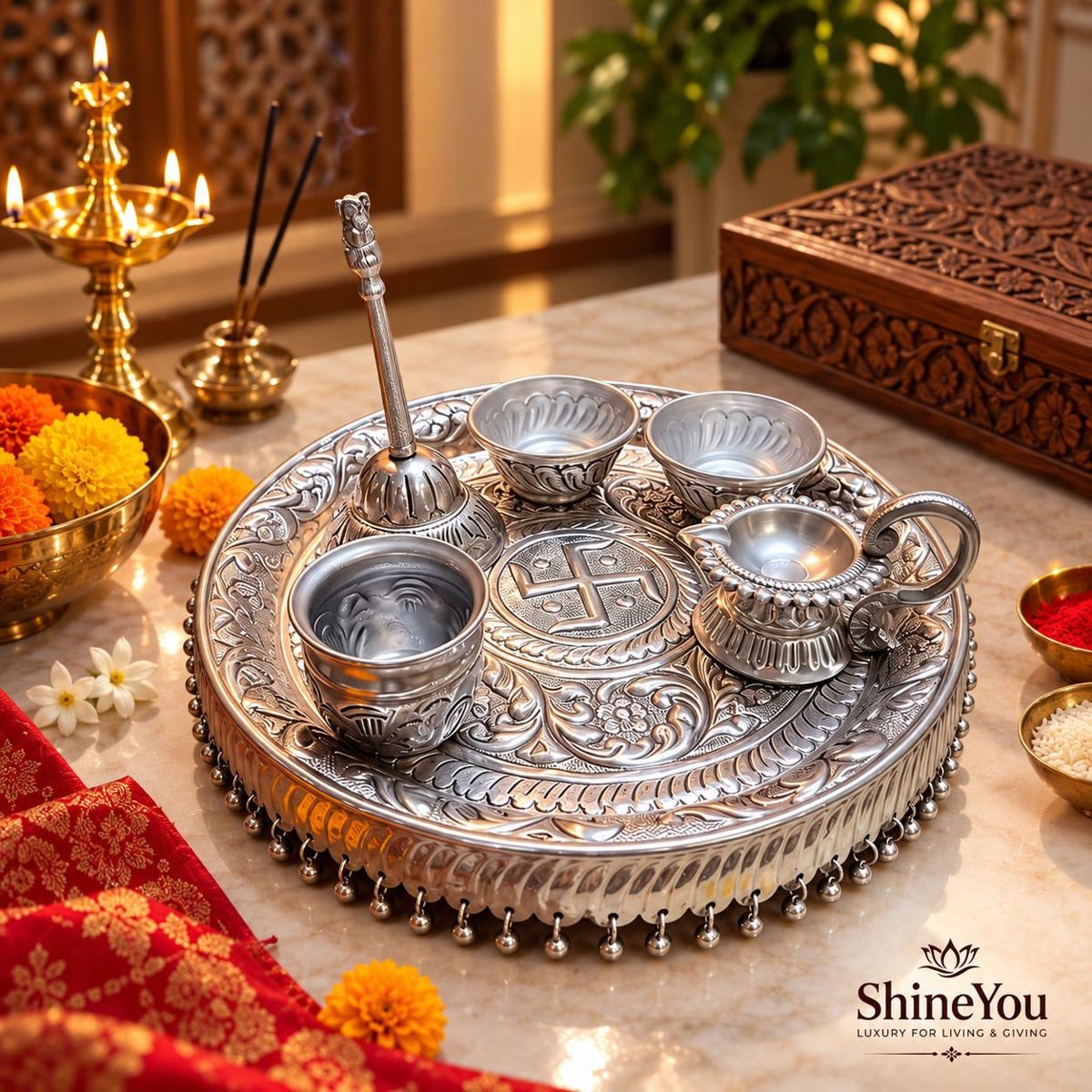 Pooja Thali Set — Silver Finish